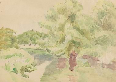 Watercolor Landscape of a River and Trees