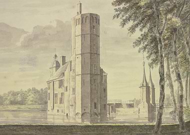 Watercolor painting of a castle on a moat