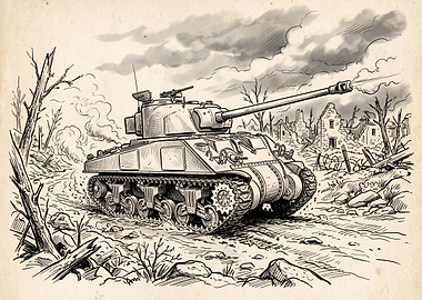 Sherman tank in war-torn landscape