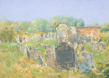 Graveyard with Tombstones and Brick Building