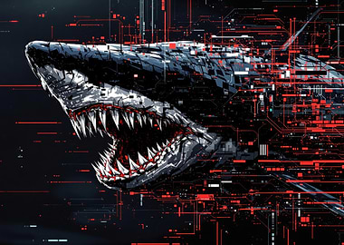 Digital Shark with Red Circuitry