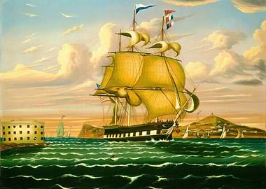 Sailing Ship Near Fort and Island