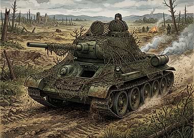Camouflaged Tank in War-Torn Landscape
