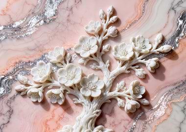 White Cherry Blossoms on Pink Marble