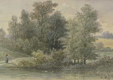 Woman walking by a lake with trees