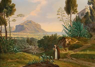 Pastoral landscape with figures and city view