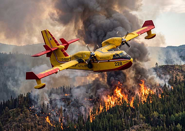 Firefighting plane over forest fire