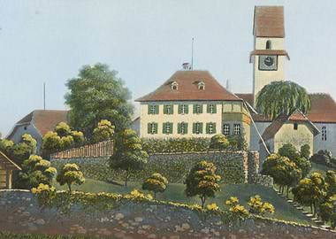 Watercolor painting of a village with a church tower