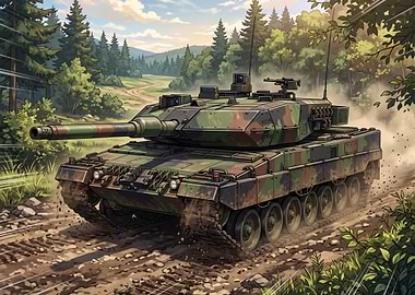 Camouflaged Tank on a Dirt Road