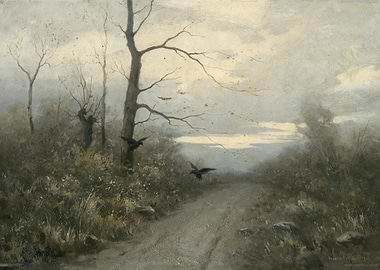 Crows in a Misty Autumn Landscape