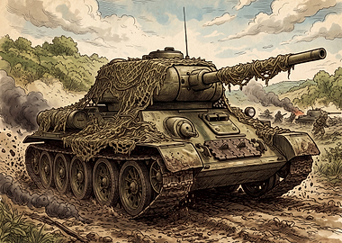 Camouflaged Tank in Battle
