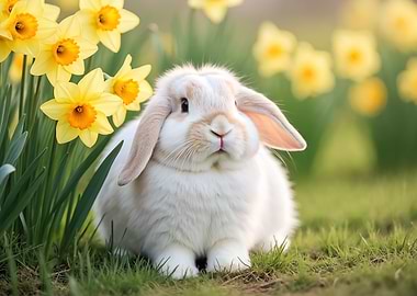 Cute Bunny Among Daffodils