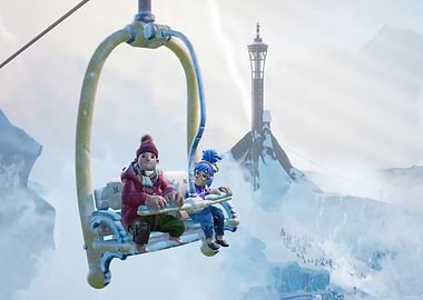 Characters on a ski lift in snowy mountains