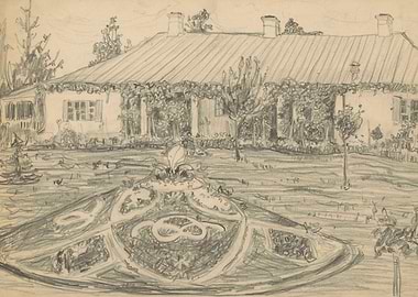 Pencil Sketch of a House and Garden