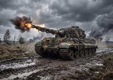 Tank firing in muddy battlefield