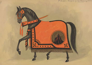 Decorated Black Horse with Orange Blanket