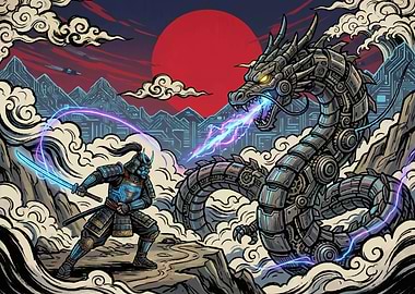 Cyberpunk Samurai vs. Mechanical Dragon