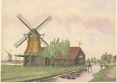 Dutch Windmills and Canal Scene
