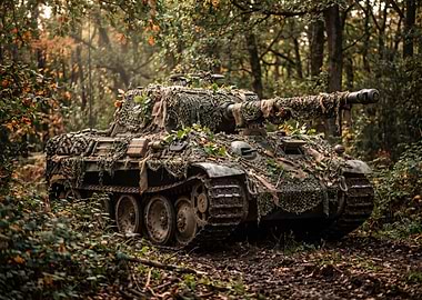Camouflaged Tank in Autumn Forest