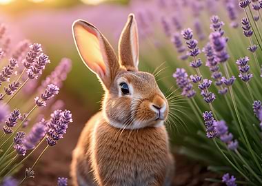 Cute Rabbit in Lavender Field