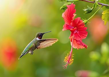 Hummingbird Feeding on Hibiscus Flower