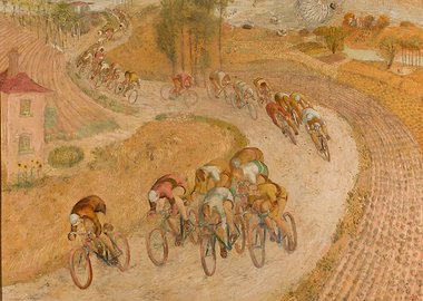 Cyclists racing on a dirt road