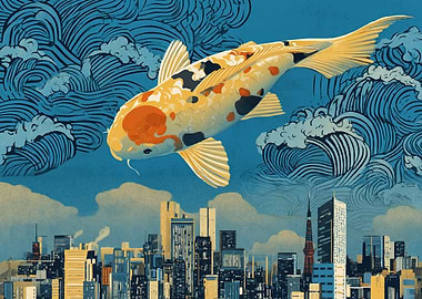 Koi Fish Over Cityscape with Waves