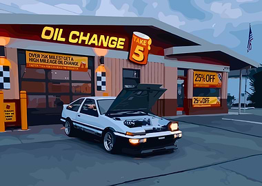 Retro Oil Change Service Station with Car