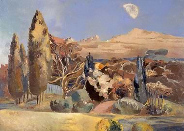 Moonlit Landscape with Cypress Trees Painting