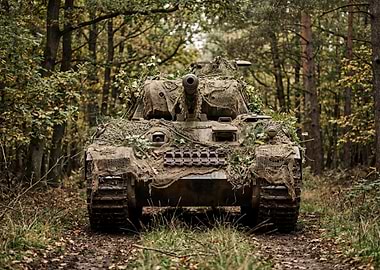 Camouflaged Tank in Forest
