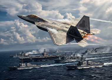 F-22 Raptor flies over naval fleet
