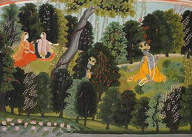 Krishna playing flute in a garden, Indian painting