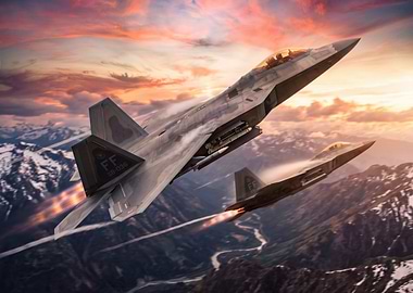 F-22 Raptors flying over mountains