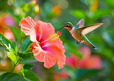 Hummingbird feeding on hibiscus flower