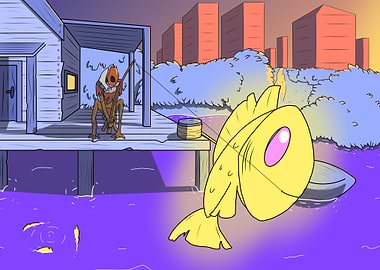 Creature fishing for a giant fish