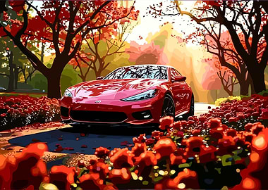 Red Sports Car in Autumn Scenery