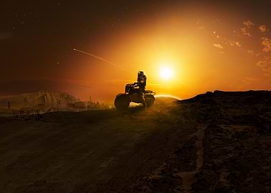 Astronaut on Mars Rover at Sunset