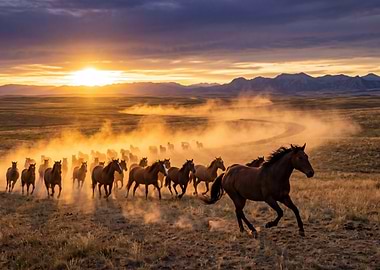 Horses running at sunset