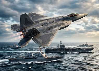F-22 Raptor over Naval Fleet