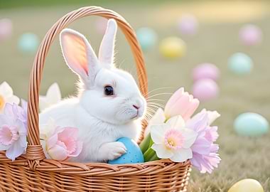 Easter Bunny in a Basket with Flowers