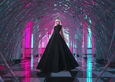 Gothic Queen in Futuristic Hallway