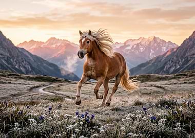 Horse running in mountains at sunrise