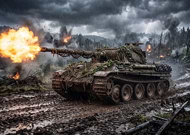 Tank Firing in a Stormy Battlefield