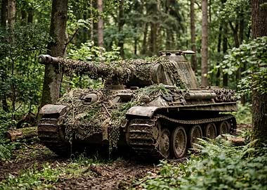 Camouflaged Tank in Forest