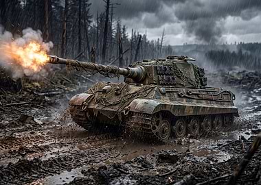 Tank firing in a muddy forest