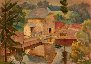 Rustic Mill Scene with Horses