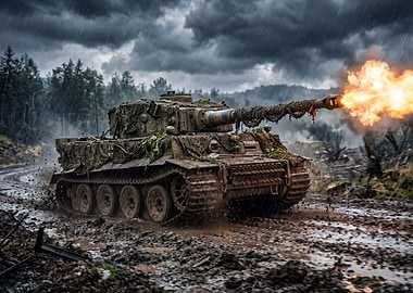 Tiger Tank Firing in Muddy Rain