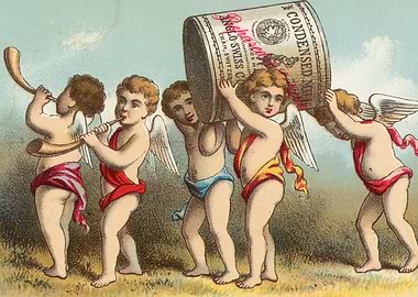 Cherubs carrying a can of condensed milk