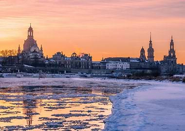 Dresden skyline at sunset with ice floes