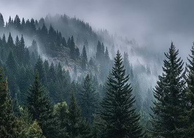 Misty Pine Forest on a Mountain